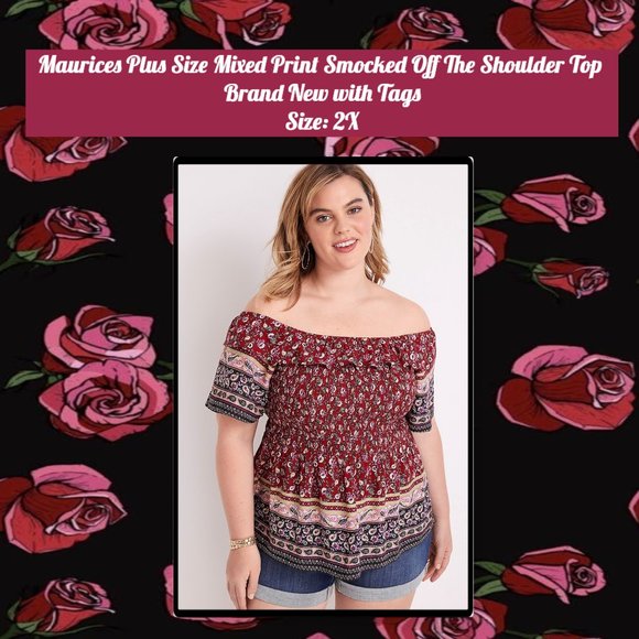Maurice's Plus Size Mixed Print Off the Shoulder Top 2X - Picture 1 of 11